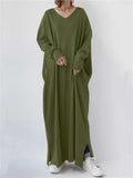 Winter Gentle Solid Color V Neck Long Dress for Lady