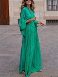 Retro V Neck Wide Sleeve Waisted Long Dress for Lady