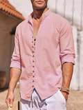 Male Stand Collar Long Sleeve Solid Color Shirt