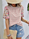 Ladies Floral Embroidered Leaf Print Puff Sleeve T-shirts