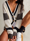 Lazy Contrast Color Stripe Button Up Loose Knitted Sweater for Women