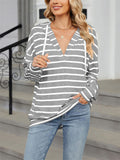 Classic Stripe V Neck Drawstring Hoodies for Women