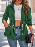 Female Stand Collar Waisted Drawstring Zipper Fuzzy Coat