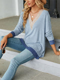 Contrast Color Lace Trim Long Sleeve T-shirt for Ladies