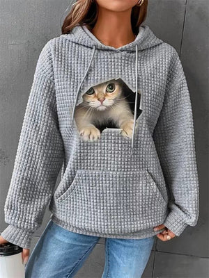 Lovely Kitty Print Ladies Comfy Waffle Hoodies