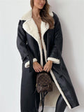 Ladies Elegant Lapel Plush Lining Mid-Length Coat with Waistband