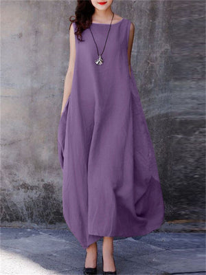 Women's Ethnic Style Crew Neck Lantern Hem Cotton Linen Dress