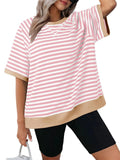 Contrast Color Stripes Round Neck Sports T-shirts for Women