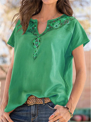 Ethnic Style Totem V Neck Short Sleeve Summer Shirt for Female