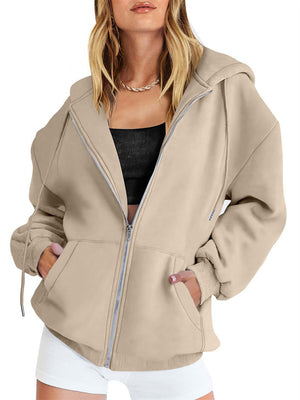 Ladies Pure Color Zip Up Streetwear Flowy Hoodies