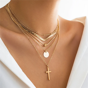 5Pcs/Set Vintage Layered Cross Coin Love Heart Pendant Necklaces