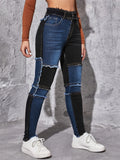 Vogue Skinny Contrast Color Splicing Jeans for Women