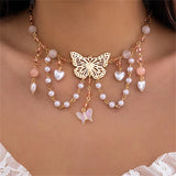 Romantic Butterfly Love Heart Pearl Pendant Necklace for Women