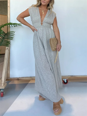 Leisure Wide-legged Deep V Jumpsuit for Women