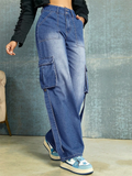 Wide Leg Flap Pocket Cargo Jeans for Ladies