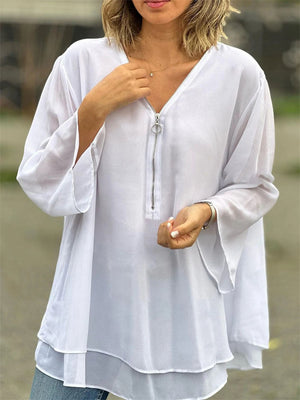 Zipper V Neck Casual Breathable Chiffon Shirt for Women