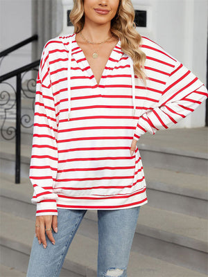 Classic Stripe V Neck Drawstring Hoodies for Women