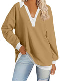 Ladies V Neck Contrast Color Oversized Long Sleeve Hoodies