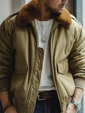 Male Retro Fur Collar Bomber Jacket Zippered Flight Coat