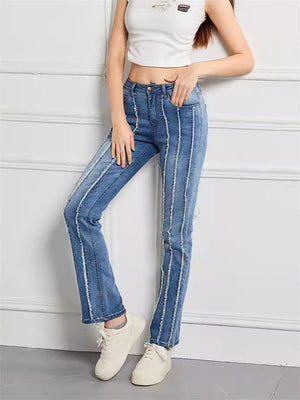 Stylish Raw Edge Stripe Stretchy High-Rise Skinny Jeans for Women