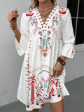 V-neck Bell Sleeve Lace Spliced Printed Dress for Women