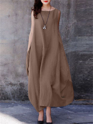 Women's Ethnic Style Crew Neck Lantern Hem Cotton Linen Dress