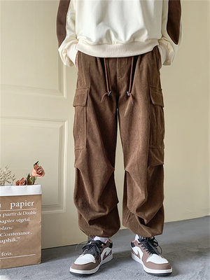 Men's Corduroy Lace Up Multi-Pocket Baggy Cargo Pants