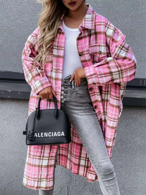 Women's Leisure Candy Color Lapel Extended Plaid Shirt