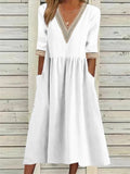 Women's Lace V Neck Half Sleeve Pocket Cotton Linen A-line Dress