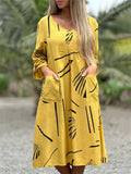 Relaxed Cozy V Neck Rolled Up Sleeve Print Dress for Lady
