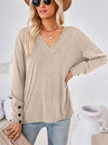 Buttoned Cuffs V-Neck Basic T-Shirts for Ladies