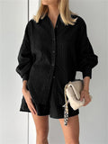 Beach Hollow Out Puff Sleeve Shirt + Casual Shorts for Women