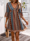 Bohemian Print V Neck Lace Hem Mini Dress for Women