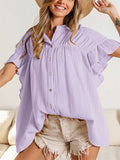 Leisure Button Up Ruffle Short Sleeve Shirt for Women