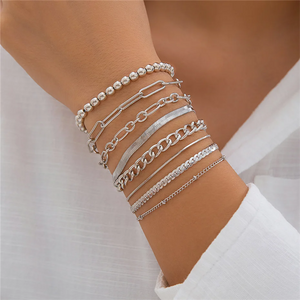 8Pcs/Set Trendy Metal Chain Bead Bracelets for Women