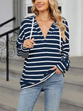 Classic Stripe V Neck Drawstring Hoodies for Women