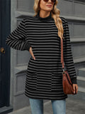 Autumn Slim Fit Long Sleeve High Collar Stripe Shirt for Women