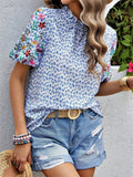 Ladies Floral Embroidered Leaf Print Puff Sleeve T-shirts