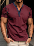 Stretchy Slim Fit Contrast Color Henley Shirt for Men