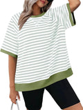 Contrast Color Stripes Round Neck Sports T-shirts for Women