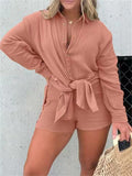 Female Long Sleeve Shirt High-Rise Shorts Wrinkled Set