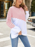 Stripe & Solid Color Round Neck Loose Sweatshirt for Female