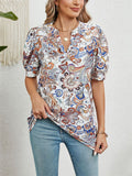 Bohemian Style V Neck Paisley Print Fitted Shirt for Women