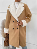 Autumn Khaki Plush Lapel Woolen Coat for Women