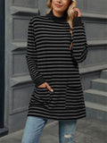 Autumn Slim Fit Long Sleeve High Collar Stripe Shirt for Women