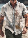 Men's Vintage Nautical Compass Print Lapel Beach Shirt