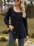 Scoop Neck Pleated Lantern Sleeve Slim Fit Shirt for Women