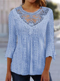 Elegant Lace Splicing 3/4 Sleeve Slim Fit Female Shirt