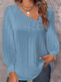 Ladies Skew Collar Button Trim Lantern Sleeve T-shirts