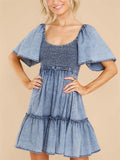 Women's Short Sleeve Smocked Denim Dress